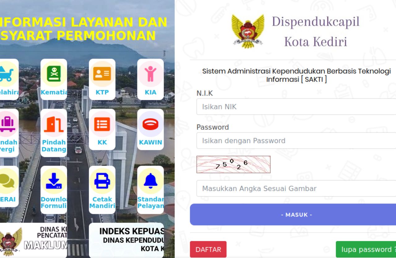 Cara daftar KTP online Kediri. Kini, mengurus KTP di Kota Kediri semakin mudah dengan layanan online Disdukcapil melalui Sistem Administrasi Kependudukan Berbasis Teknologi Informasi (SAKTI). SAKTI menghadirkan berbagai layanan online, termasuk pendaftaran KTP, yang memberikan kemudahan dan efisiensi bagi masyarakat dalam mengurus dokumen kependudukan.