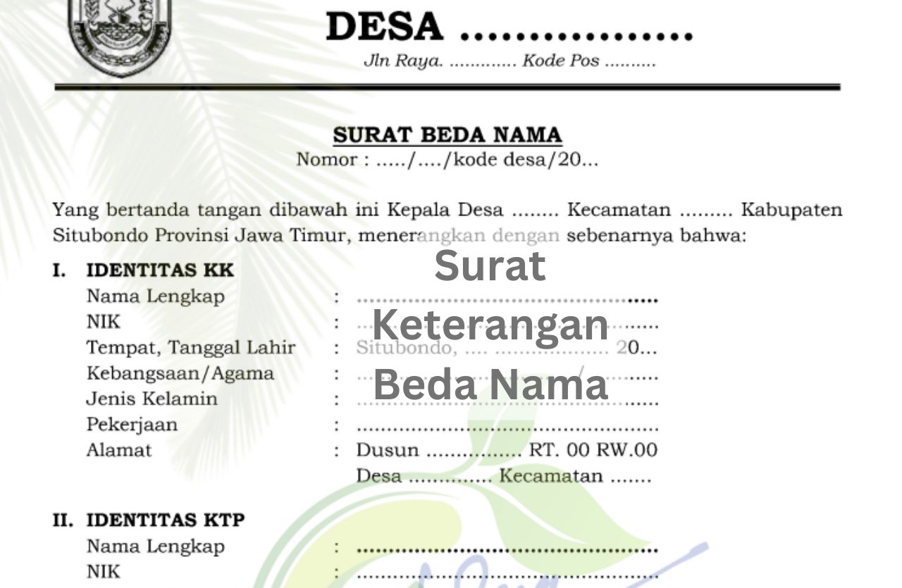 Surat Keterangan Beda Nama adalah surat resmi yang menyatakan bahwa individu dengan nama yang berbeda pada dokumen-dokumen tertentu sebenarnya adalah orang yang sama. Surat ini dikeluarkan oleh pemerintah desa setelah melalui proses verifikasi dan ditandatangani oleh kepala desa sebagai bentuk pengakuan resmi.