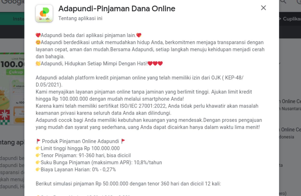 Adapundi legal atau ilegal? Temukan jawabannya di sini! Adapundi adalah platform pinjaman online yang resmi dan terdaftar di OJK. Pelajari keamanannya, bunga pinjaman, serta tips agar terhindar dari risiko keuangan. Baca selengkapnya!