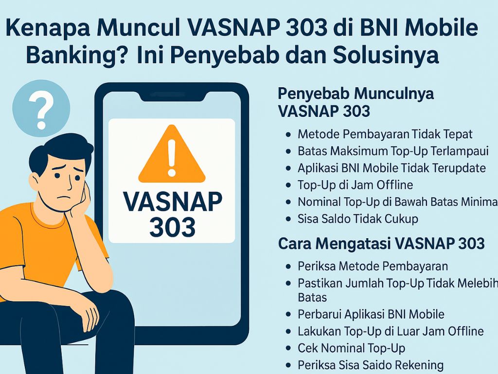 VASNAP 303 adalah kode kesalahan yang sering muncul saat pengguna BNI Mobile Banking mencoba melakukan transaksi top-up saldo dompet digital. Meskipun BNI Mobile Banking memudahkan berbagai transaksi perbankan, munculnya pesan error ini sering membuat pengguna bingung dan khawatir. Kenapa masalah ini bisa terjadi, dan bagaimana cara mengatasinya?